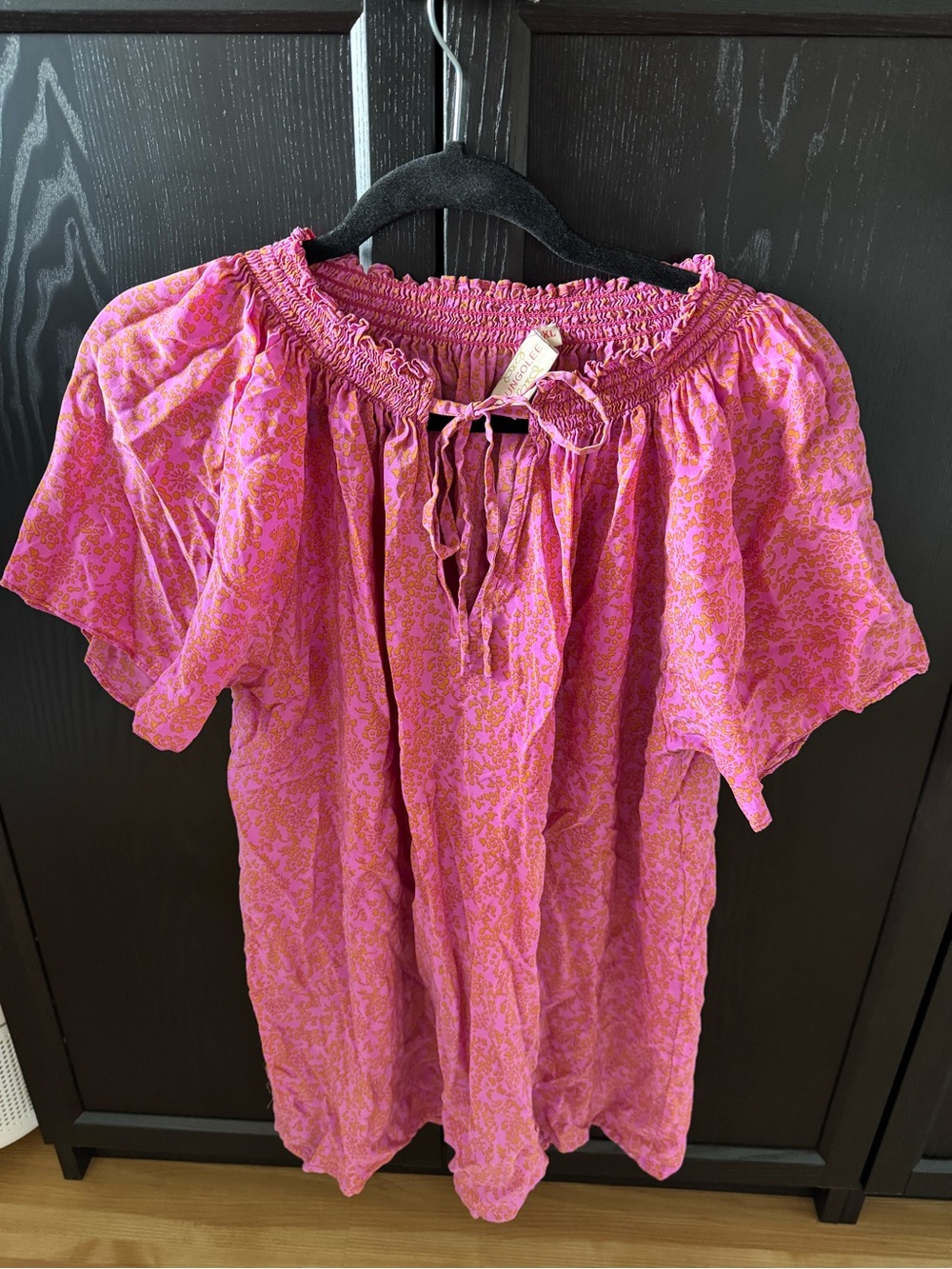 Boho Pink Floral Tie-Neck Peasant Tunic
